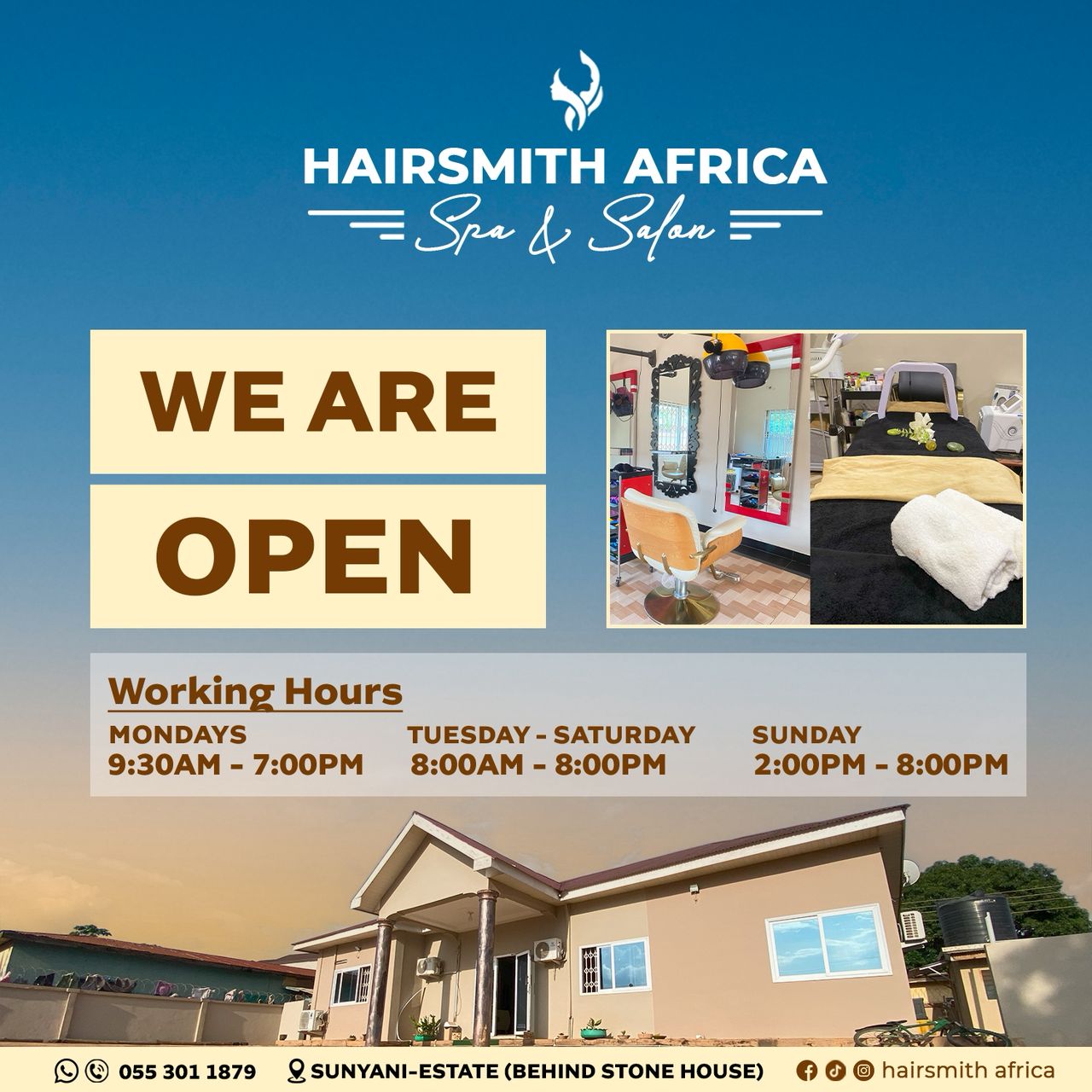 Hairsmith Africa Spa & Salon in Sunyani, we are open, with working hours